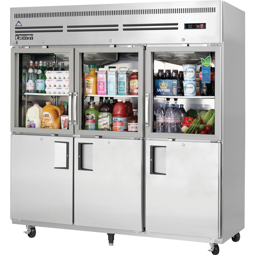 Everest EGSH6 75 inch Commercial 3 Section Glass/Solid Half Door Upright Reach-In Refrigerator with 71 Cu. Ft. Capacity, 3/4 Horsepower, in Stainless Steel