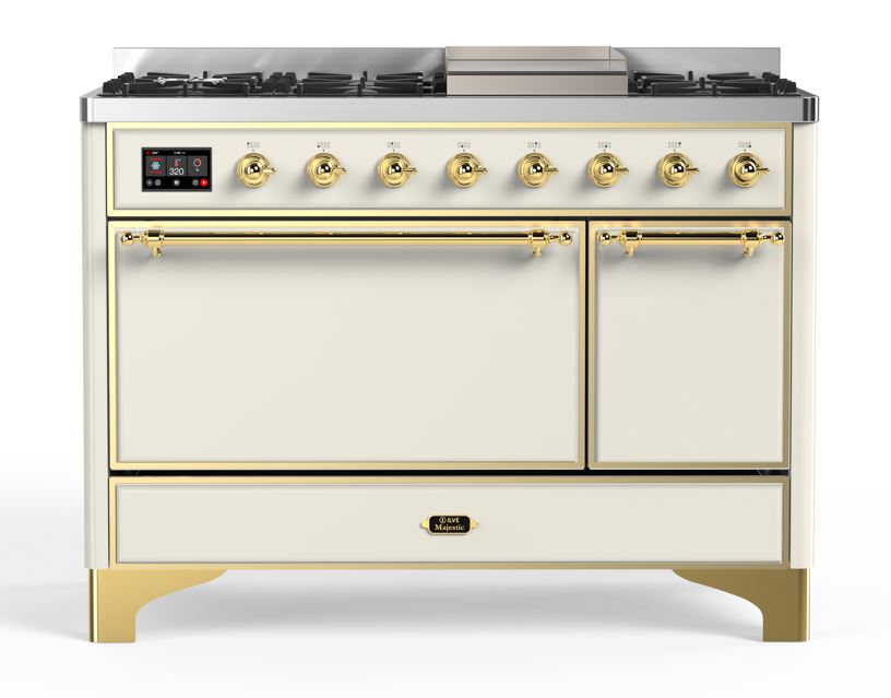 ILVE UM12F Majestic II 48 inch Dual Fuel Range with 8 Black Brass Burners, Griddle