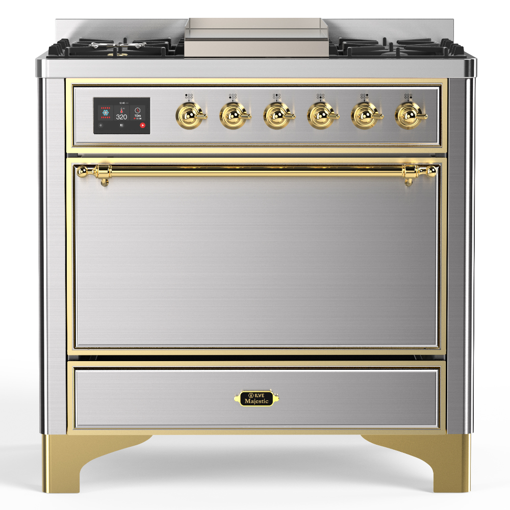 ILVE UM36F Majestic III 36 inch Dual Fuel Range with 6 Black Brass Burners and Griddle, Dual Function Burner up to 25,000 BTU 
