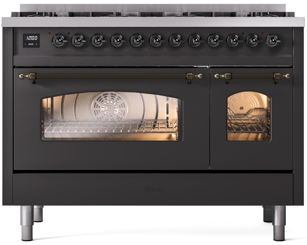 ILVE UP488NMPMGBLP Nostalgie II 48 inch Dual Fuel Liquid Propane Range Burnished Trim Bundle Including EN48B82211 Burnished Knobs and Handles (Limited Edition)