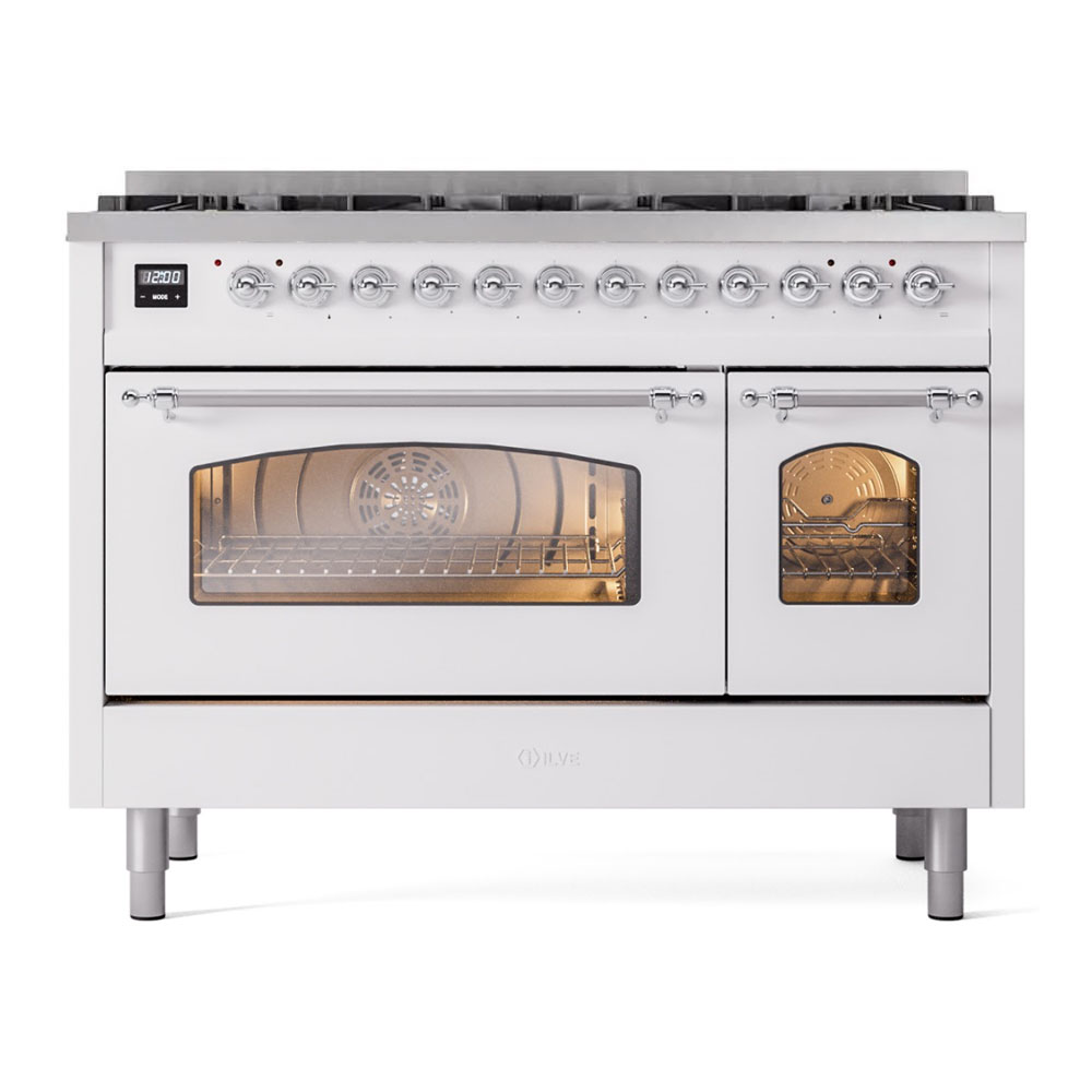 ILVE UP488NMPWHC Nostalgie II 48 inch Dual Fuel Range Chrome Trim Bundle Including EN48C82211 Chrome Knobs and Handles (Limited Edition)