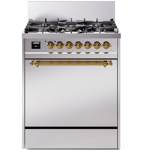 [UP30QNMPSSG] ILVE UP30NMP Nostalgie II 30 inch Dual Fuel Range with 5 Burners with 4 cu. ft. Oven Capacity (Natural Gas, Solid Door, Stainless Steel, Brass)