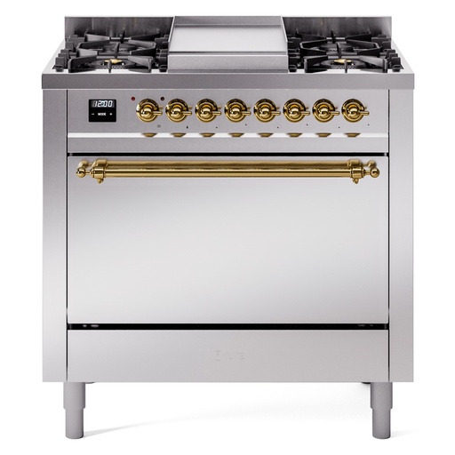 [UP36FQNMPSSG] ILVE UP36FNM Nostalgie II 36 inch Dual Fuel Range with 6 Burners and Griddle (Natural Gas, Solid Door, Stainless Steel, Brass)