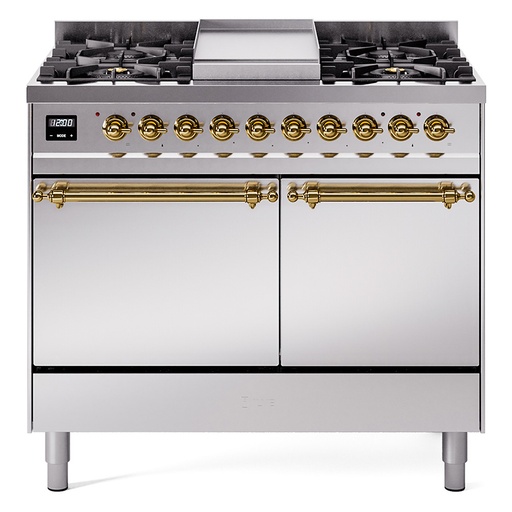 [UPD40FQNMPSSG] ILVE UPD40FNMP Nostalgie II 40 inch Dual Fuel Range with Double Ovens, 6 Burners and Griddle (Natural Gas, Solid Door, Stainless Steel, Brass)