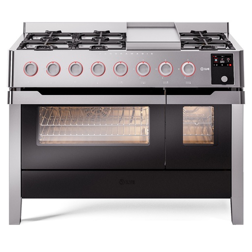 [UPM12FDS3SS] ILVE UPM12FDS3 Panoramagic 48 inch Dual Fuel Range with 8 Burners and Griddle, 5.02 cu. ft. Total Oven Capacity (Natural Gas)