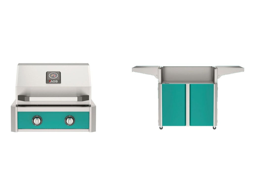 American Outdoor Grill T-Series with AOG24TP+AO24TFGN 24-Inch Freestanding Gas Grill and 24CRT25+CRT24HTL2 24-Inch Cart in Harbor Teal