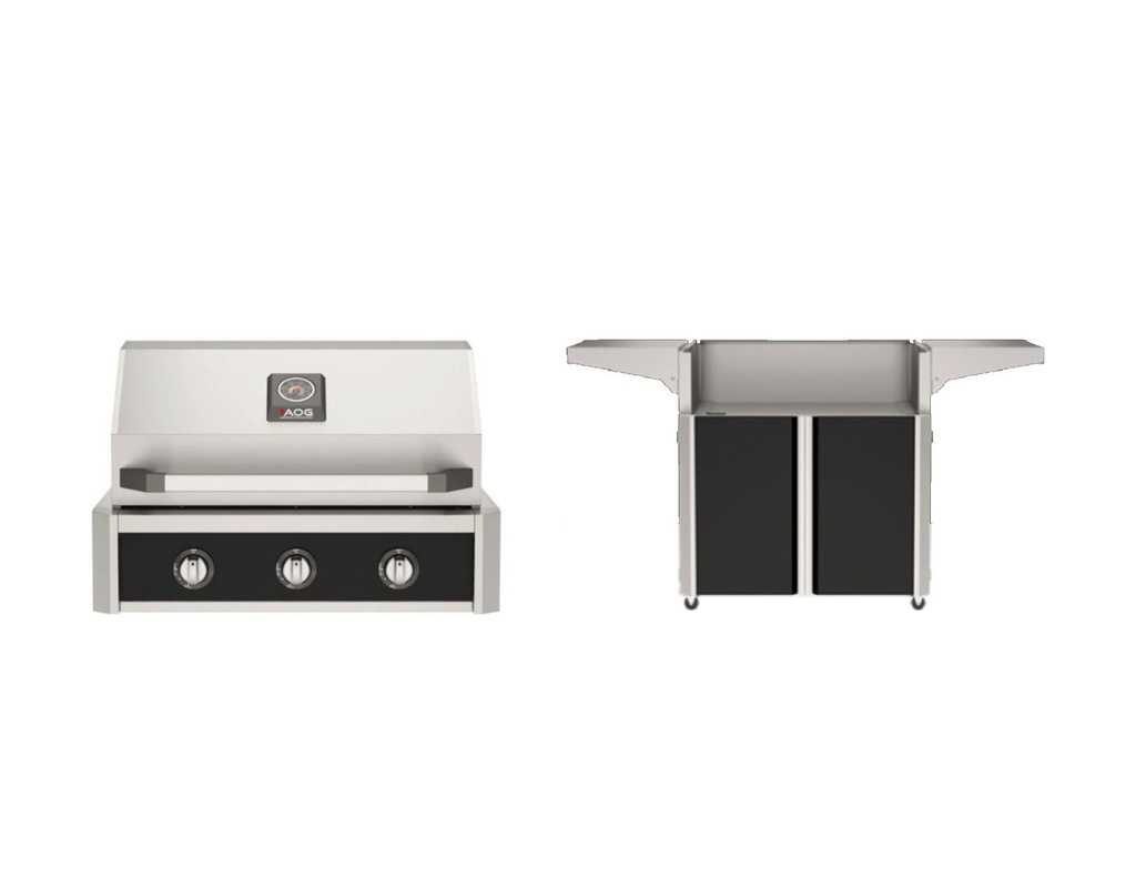 American Outdoor Grill T-Series with AOG30TP+AO30TBLK 30-Inch Freestanding Gas Grill and 30CRT25+CRT30BLK2 30-Inch Cart in Black