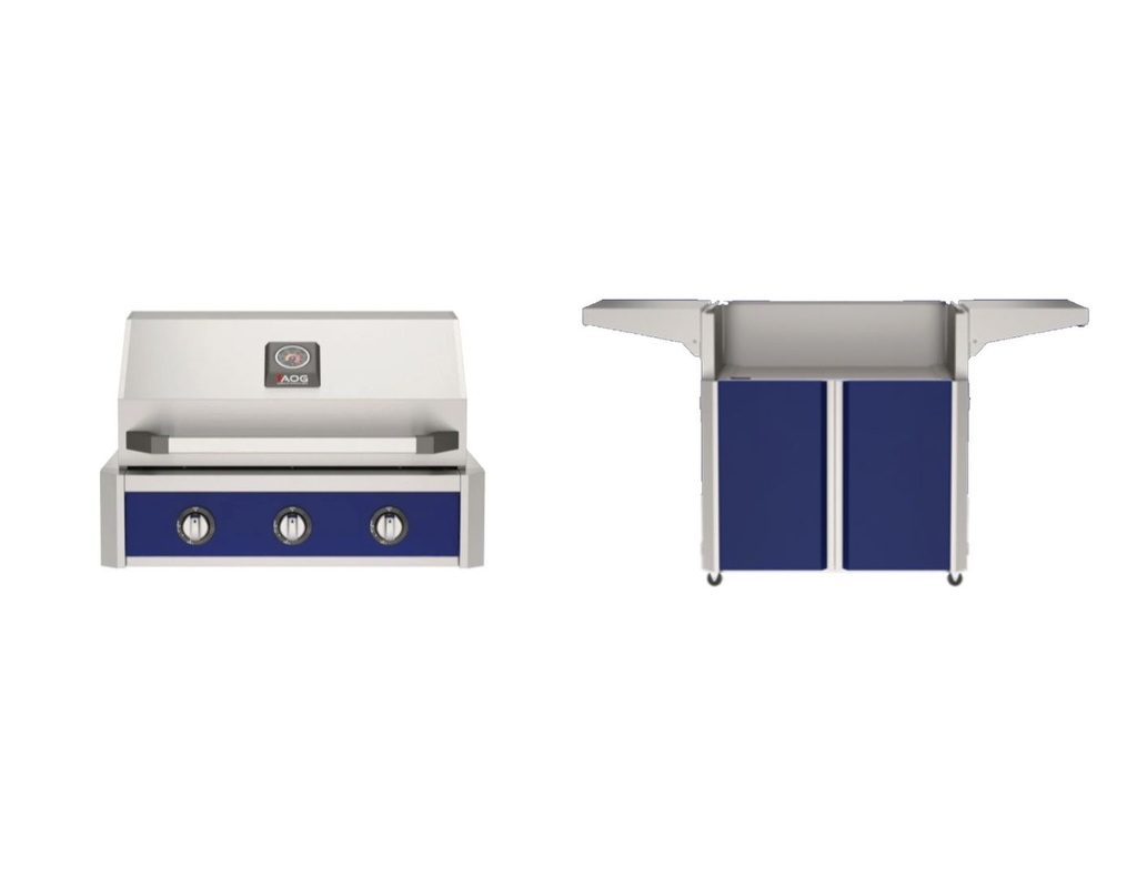 American Outdoor Grill T-Series with AOG30TN+AO30TFBE 30-Inch Freestanding Gas Grill and 30CRT25+CRT30FBE2 30-Inch Cart in Founders Blue