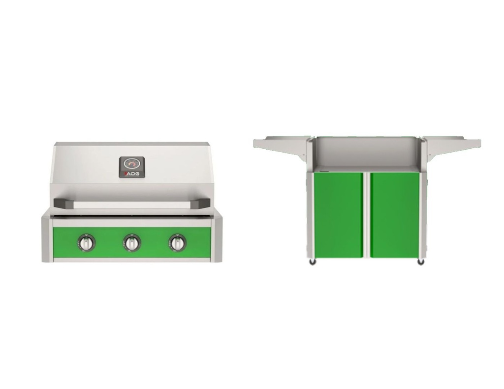 American Outdoor Grill T-Series with AOG30TN+AO30TFGN 30-Inch Freestanding Gas Grill and 30CRT25+CRT30FGN2 30-Inch Cart in Frontier Green