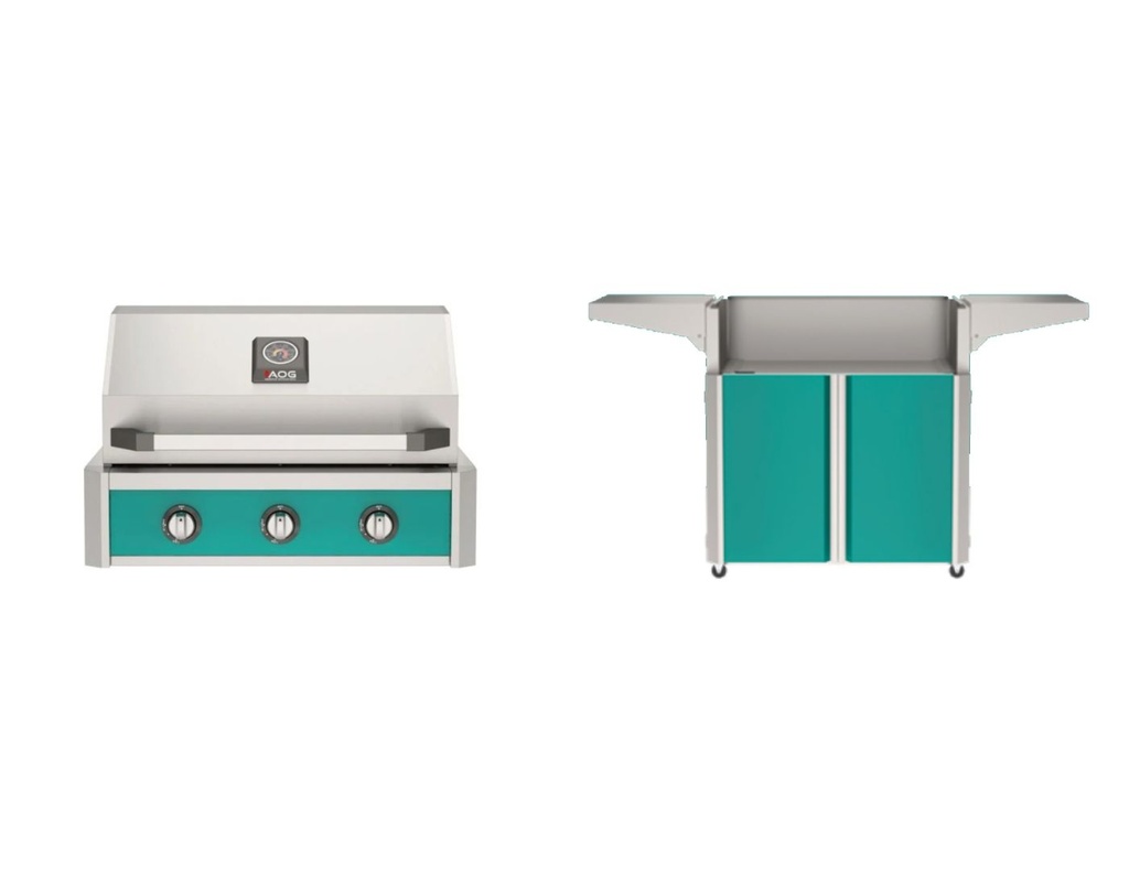 American Outdoor Grill T-Series with AOG30TN+AO30THTL 30-Inch Freestanding Gas Grill and 30CRT25+CRT30HTL2 30-Inch Cart in Harbor Teal
