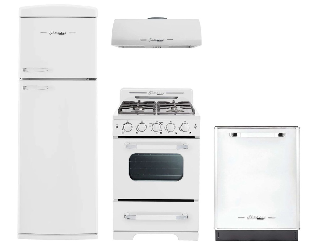 Unique Appliances 4-Piece Classic Retro Kitchen Appliances Package with UNQ310LWTM 24-inch Refrigerator, UGP24CRW 24-inch Gas Range, UGP24CRRHW 24-inch Range Hood, UGP24CRDWW 24-inch Dishwasher