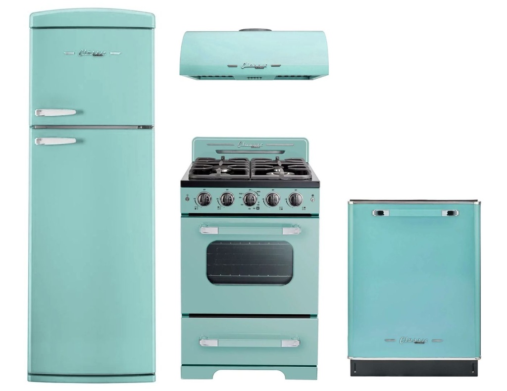 Unique Appliances 4-Piece Classic Retro Kitchen Appliances Package with UNQ310LTTM 24-inch Refrigerator, UGP24CRT 24-inch Gas Range, UGP24CRRHT 24-inch Range Hood, UGP24CRDWT 24-inch Dishwasher