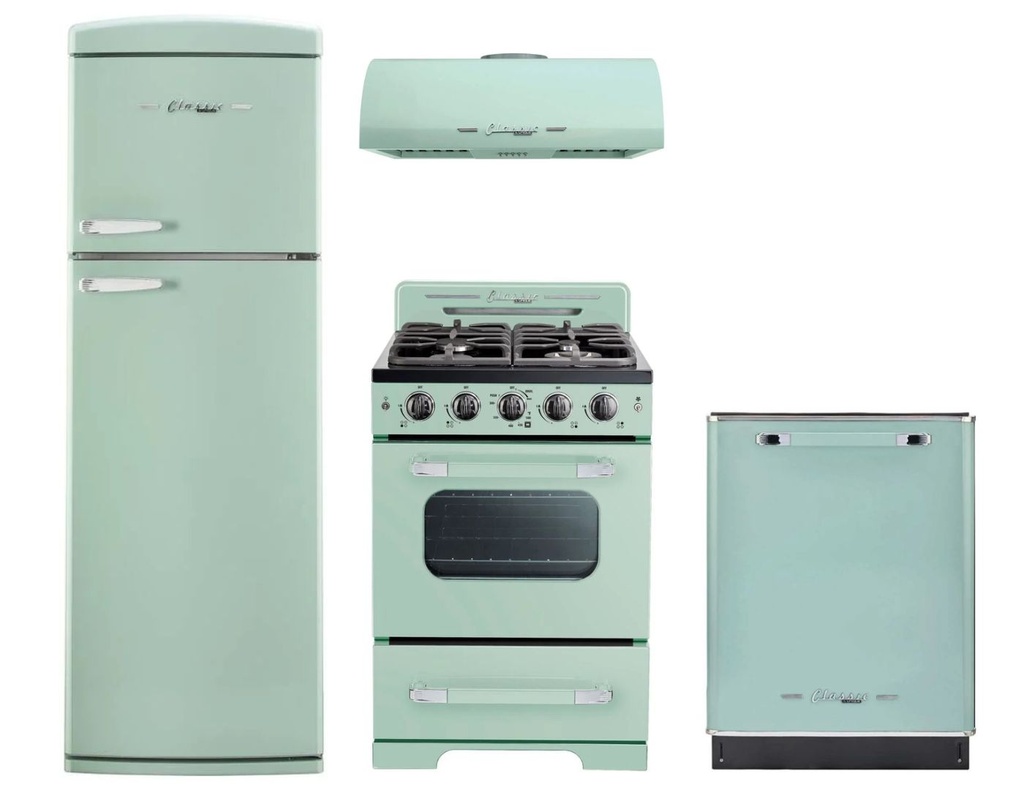 Unique Appliances 4-Piece Classic Retro Kitchen Appliances Package with UNQ310LLGTM 24-inch Refrigerator, UGP24CRLG 24-inch Gas Range, UGP24CRRHLG 24-inch Range Hood, UGP24CRDWLG 24-inch Dishwasher