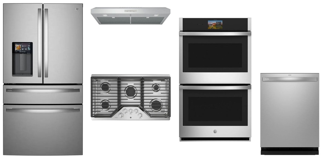 GE Profile 5-Piece Kitchen Package with PVD28HYYFS Smart French Door Refrigerator, PGP7036SLSS 36-in Gas Cooktop, PVX7360SJSS 36-in Undercabinet Hood, PTD9000SZSS Smart Double Wall Oven, PDT715SYVFS Smart Dishwasher (Stainless Steel)