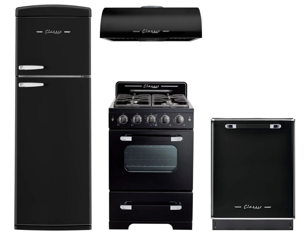 Unique Appliances 4-Piece Classic Retro Kitchen Appliances Package with UNQ310LMBTM 24-inch Refrigerator, UGP24CRB 24-inch Gas Range, UGP24CRRHB 24-inch Range Hood, UGP24CRDWB 24-inch Dishwasher