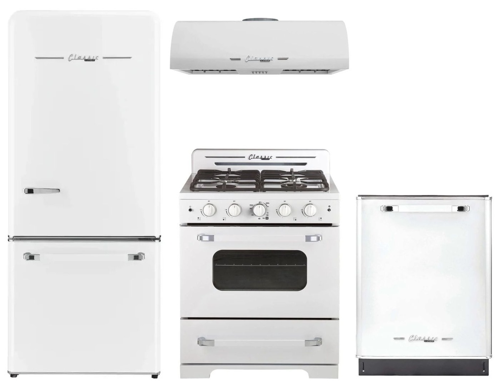 Unique Appliances 4-Piece Classic Retro Kitchen Appliances Package with UGP510LWAC 30-inch Refrigerator, UGP30CRW 30-inch Gas Range, UGP30CRRHW 30-inch Range Hood and UGP24CRDWW 24-inch Dishwasher