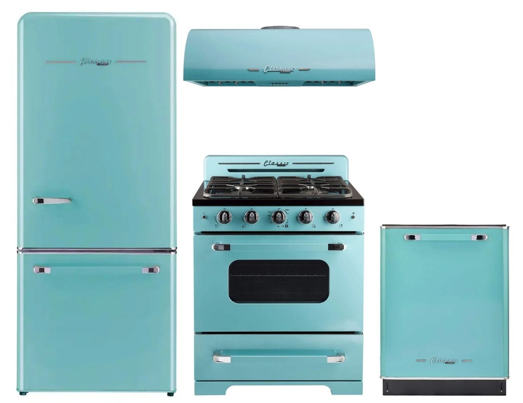 Unique Appliances 4-Piece Classic Retro Kitchen Appliances Package with UGP510LTAC 30-inch Refrigerator, UGP30CRT 30-inch Gas Range, UGP30CRRHT 30-inch Range Hood and UGP24CRDWT 24-inch Dishwasher