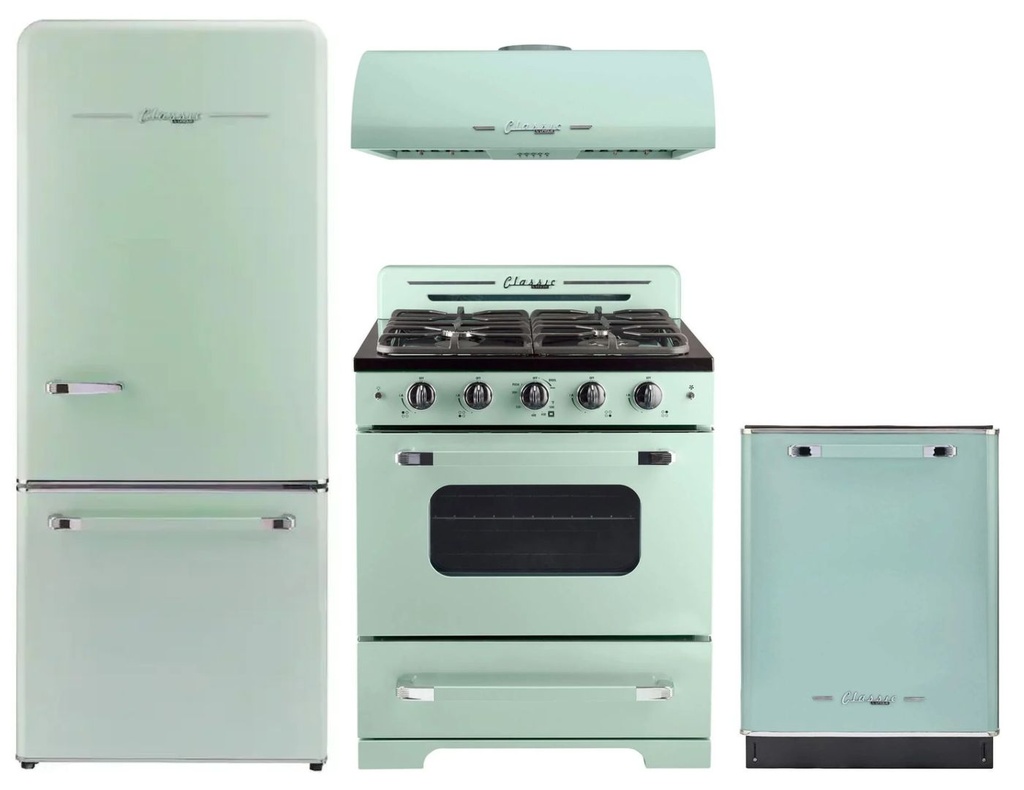 Unique Appliances 4-Piece Classic Retro Kitchen Appliances Package with UGP510LLGAC 30-inch Refrigerator, UGP30CRLG 30-inch Gas Range, UGP30CRRHLG 30-inch Range Hood and UGP24CRDWLG 24-inch Dishwasher
