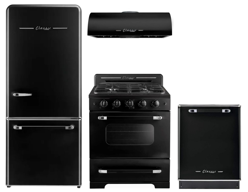 Unique Appliances 4-Piece Classic Retro Kitchen Appliances Package with UGP510LBAC 30-inch Refrigerator, UGP30CRB 30-inch Gas Range, UGP30CRRHB 30-inch Range Hood and UGP24CRDWB 24-inch Dishwasher