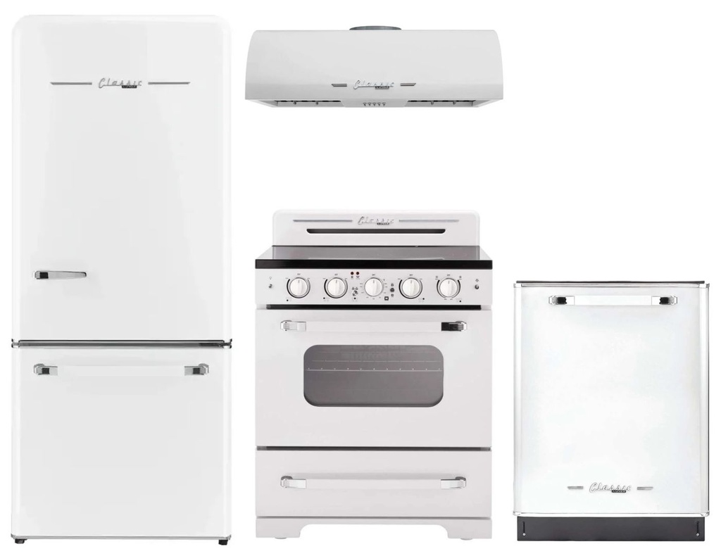 Unique Appliances 4-Piece Classic Retro Kitchen Appliances Package with UGP510LWAC 30-inch Refrigerator, UGP30CRECW 30-inch Electric Range, UGP30CRRHW 30-inch Range Hood and UGP24CRDWW 24-inch Dishwasher