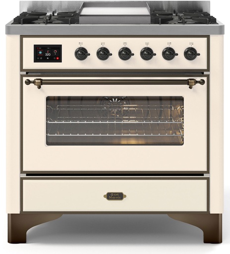ILVE UM09F Majestic II 36 inch Dual Fuel Range with 6 Black Brass Burners, Griddle