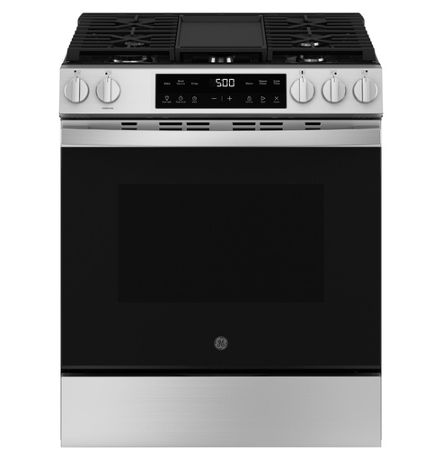 GE GGS500 30 inch Slide-In Gas Range with 5 Burners, 5.3 cu. ft. Capacity, Crisp Mode and Express Preheat in Stainless Steel