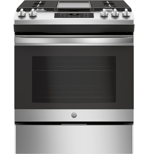 [JGSS66SELSS] GE JGSS66SELSS 30 inch Slide-In Gas Range with 5 Burners, 5.3 cu. ft. Oven Capacity, Extra-large Integrated Griddle and Steam Clean in Stainless Steel