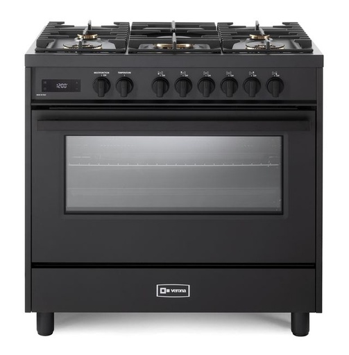 [VMFSGE365EE] Verona VMFSGE365EE 36 inch Ultima Midnight Collection Freestanding Dual Fuel Range with 5 Sealed SABAF Brass Burners, 5 cu. ft. Oven Capacity and Touch Control Clock