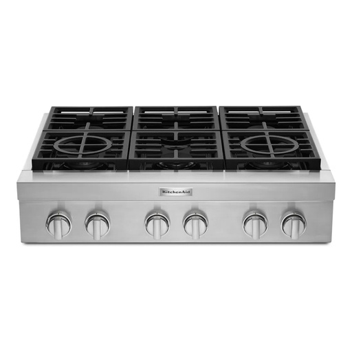 [KCGC506JSS] KitchenAid KCGC506JSS 36 inch Commercial-Style Gas Rangetop with 6 Burners, Ultra Power Dual-Flame Burners, Simmer and Melt Burner, Three-Level Convertible Grates, in Stainless Steel