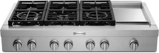 [KCGC558JSS] KitchenAid KCGC558JSS 48 inch Commercial-Style Gas Rangetop with 6 Burners and Chrome-Infused Electric Griddle, 3 Level Convertible Grates, 5k BTU Simmer and Melt Burner, 20k Dual Flame Power Burner, in Stainless Steel